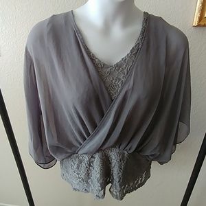 Grey dolman wrap top with lace details XL